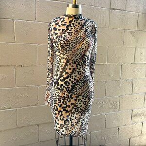 Guess leopard mesh long sleeve body con dress, XL